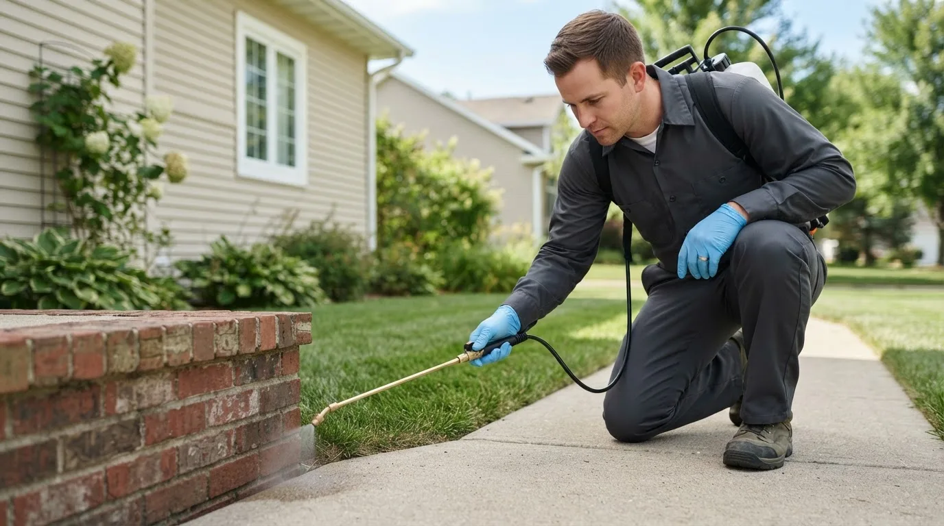 Pest control technician treating a home near Albion, MI