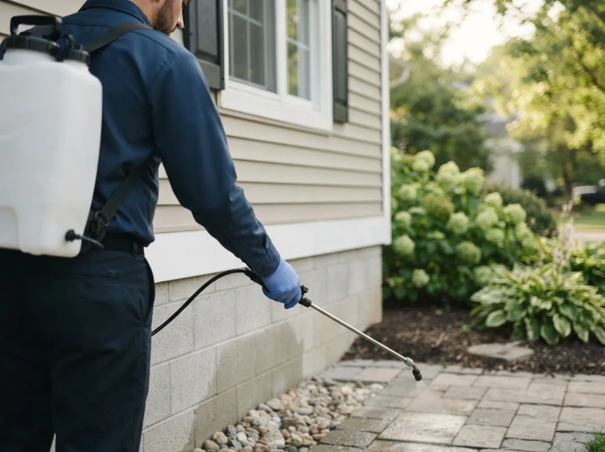 Pest control technician inspecting a home in Albion, MI